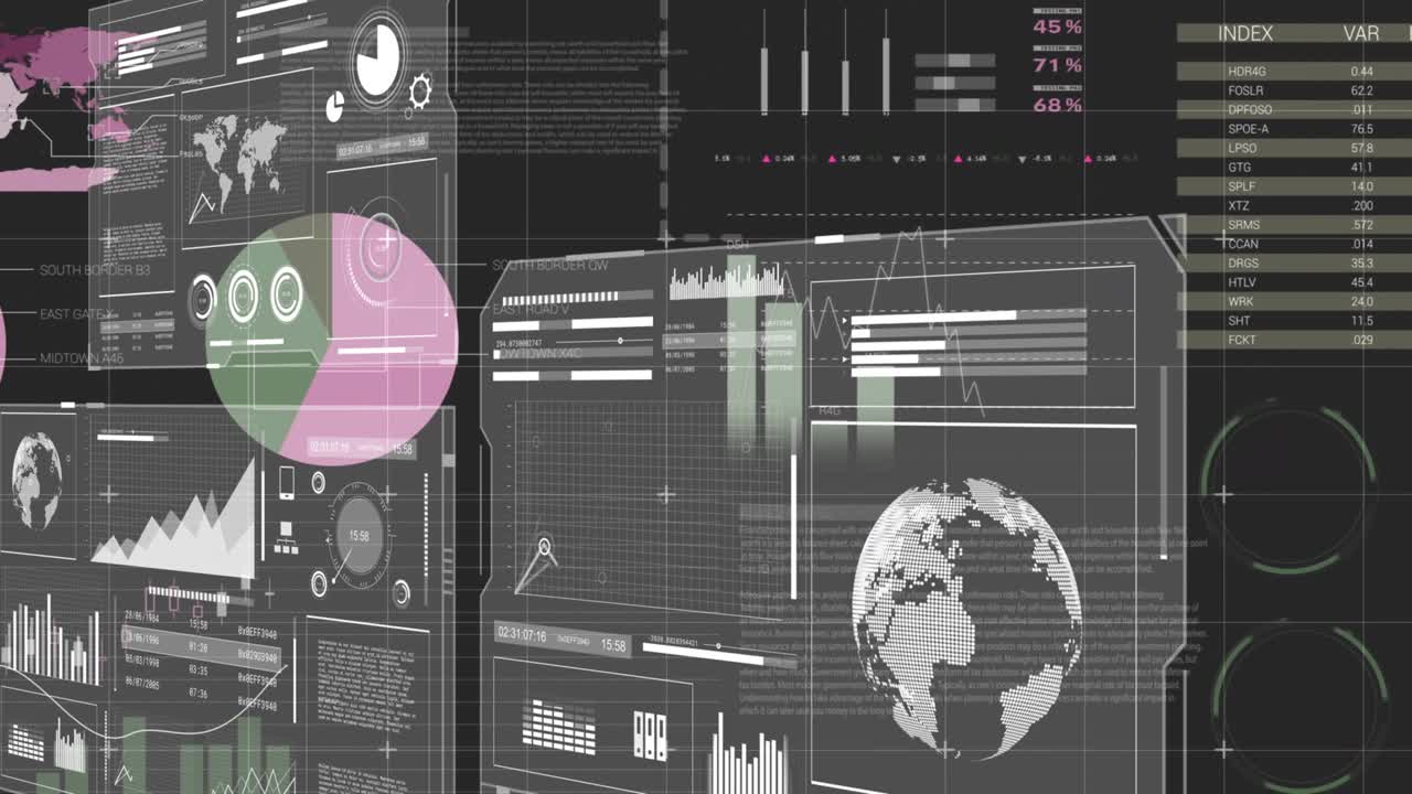 Grid fading starting index table appearing, bars rising and pie charts pulsing showing analytics