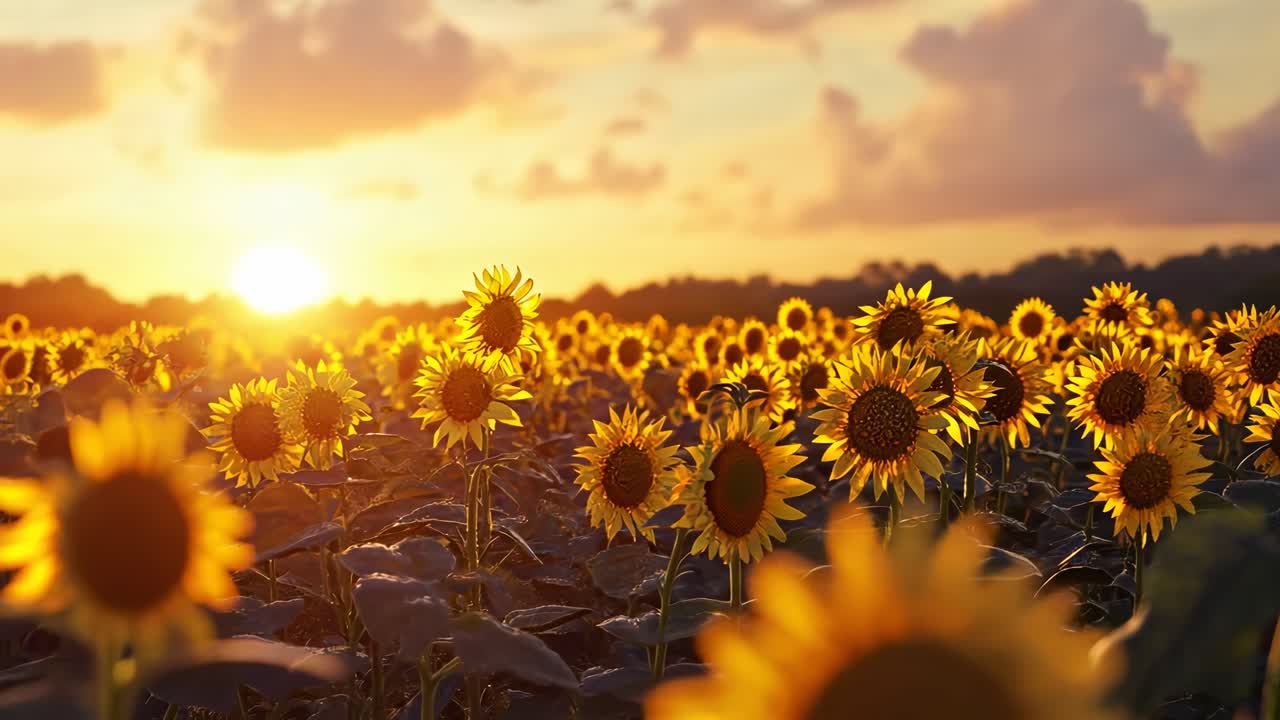 A serene video of a sunflower field at sunset, captured from a low angle, highlighting the warm