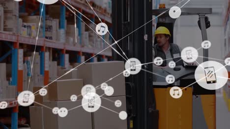 Animation-of-network-of-connections-over-caucasian-male-worker-in-warehouse