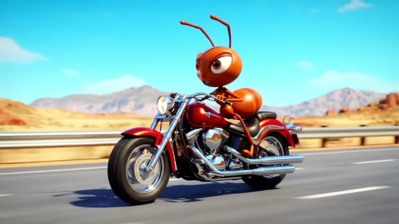 An adventurous animated ant rides a classic motorcycle through a vibrant desert landscape, showcasing thrilling escapades and the spirit of freedom on the open road