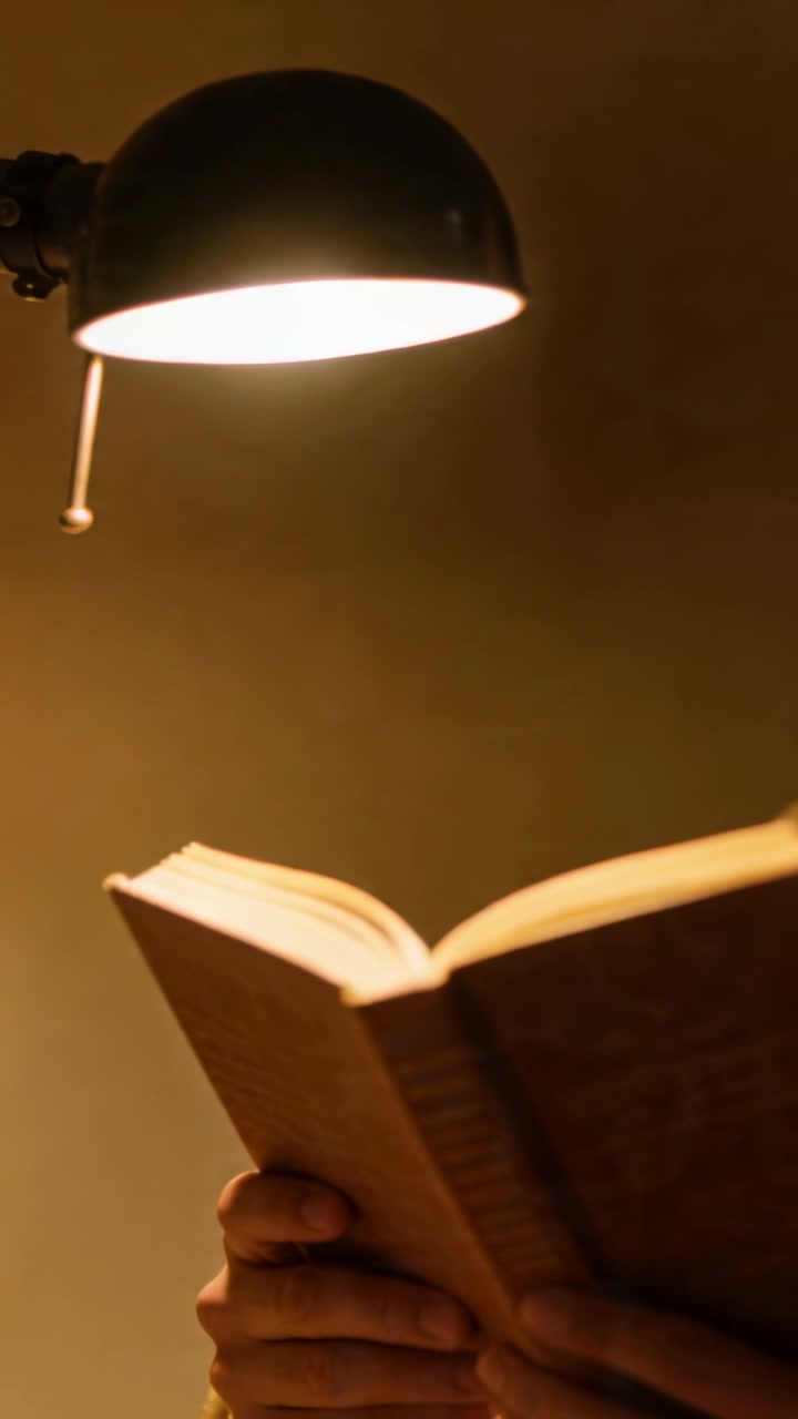 Video verticale: Tenendo un libro tascabile, una mano che regola la presa sotto una lampada da parete luminosa, leggendo alla luce della lampada.