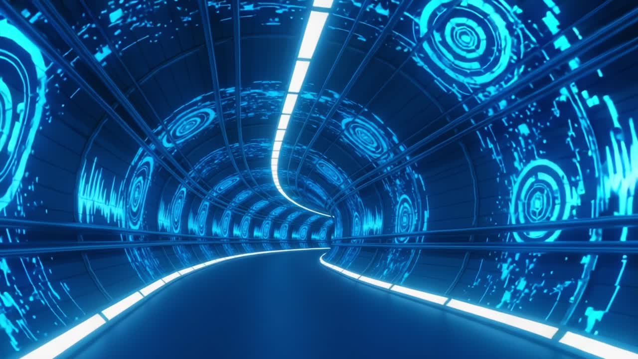 A Futuristic Tunnel with Vibrant Blue LED Lights and Dynamic Wave Patterns Creating a Mesmerizing Visual Experience in an Abstract Digital Environment
