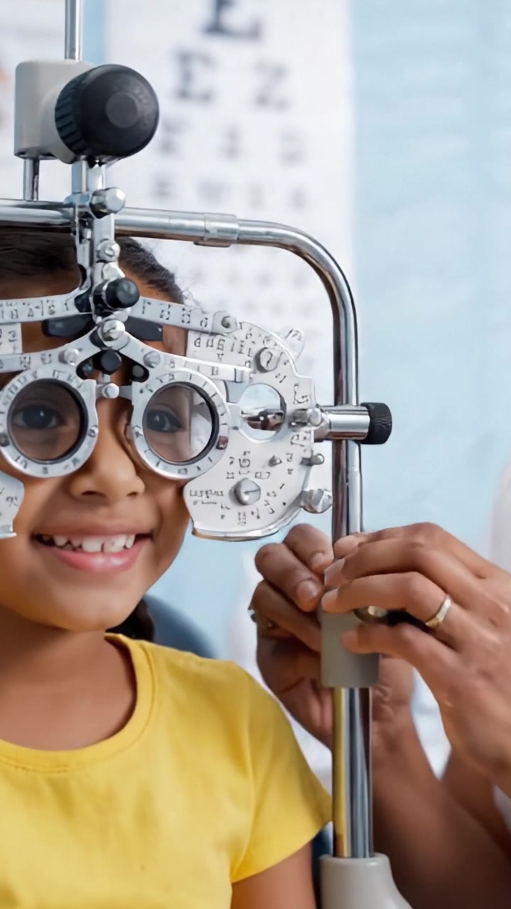 A Young Girl Enjoys Her Eye Examination: Experiencing Clarity and Comfort During a Vision Checkup with State-of-the-Art Equipment