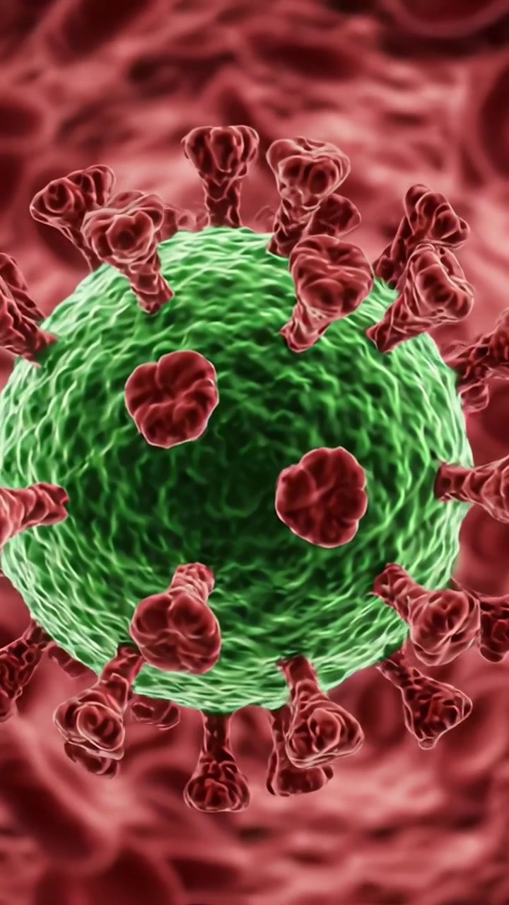 Visione microscopica di virus nel flusso sanguigno: un'esplorazione intricata delle strutture virali con globuli rossi a livello cellulare.
