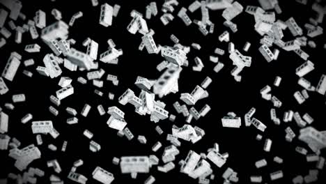 flying many concrete bricks on black background. miniature model, cement, construction. 3d animation of gray blocks rotating. loop animation.