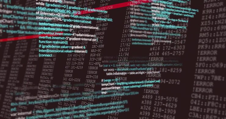 Layered code display showing cyan lines over data cols, view pulling back, red bars flagging errors