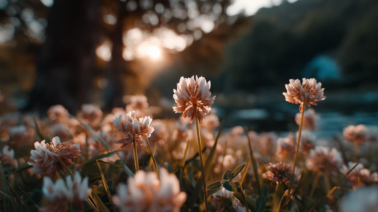 A Serene Sunset Over a Field of Beautiful Flowering Clover, Capturing the Golden Light and Natural Beauty in the Calm of Dusk