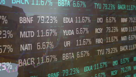 stock market data animation over diverse people in office setting