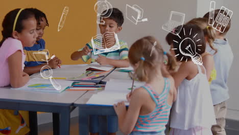 animation of education school icons over diverse school children in classroom