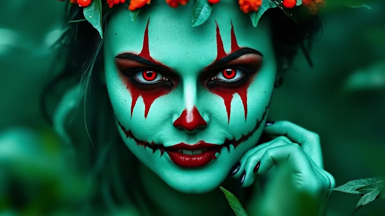 Una donna con trucco verde e rosso e una corona di fiori sulla testa