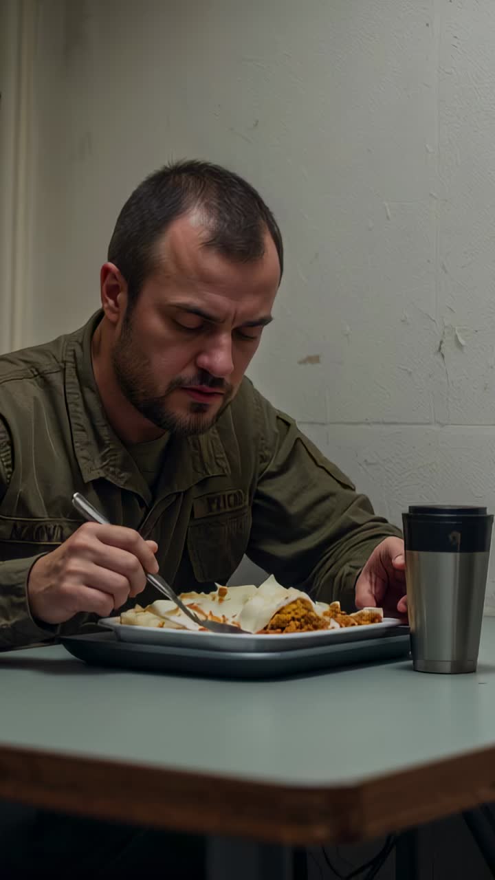 Vertical video: Sitting man in olive jacket eating from tray with fork in break room touching mug