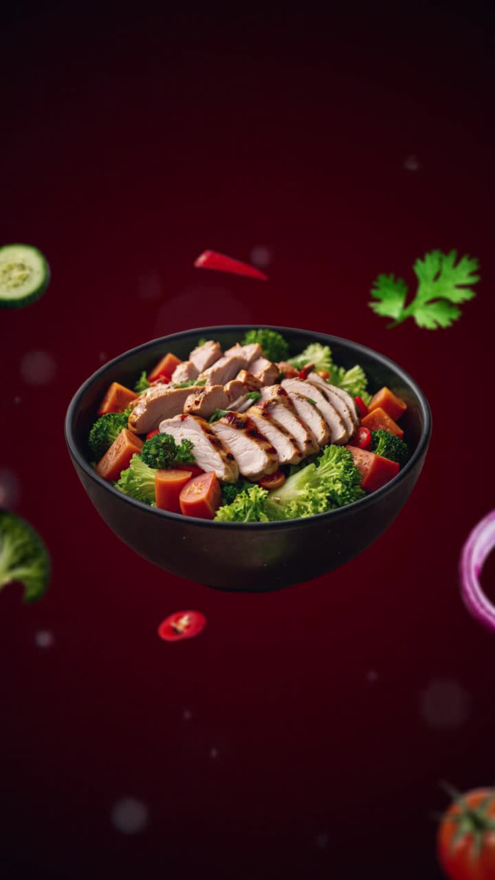 Mixed salad with strips of grilled chicken fillet, tomatoes, onion and broccoli Animation intro for advertising or marketing with the ingredients of the dish flying - vertical price tag or sale