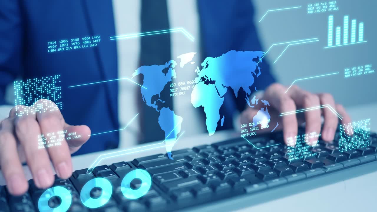 hombre de negocios usando la computadora a mano escribiendo teclado interfaz futurista mapa del mundo datos gráfico analítico fondo, finanzas comunicación de red en línea mundo digital tecnología metaverso