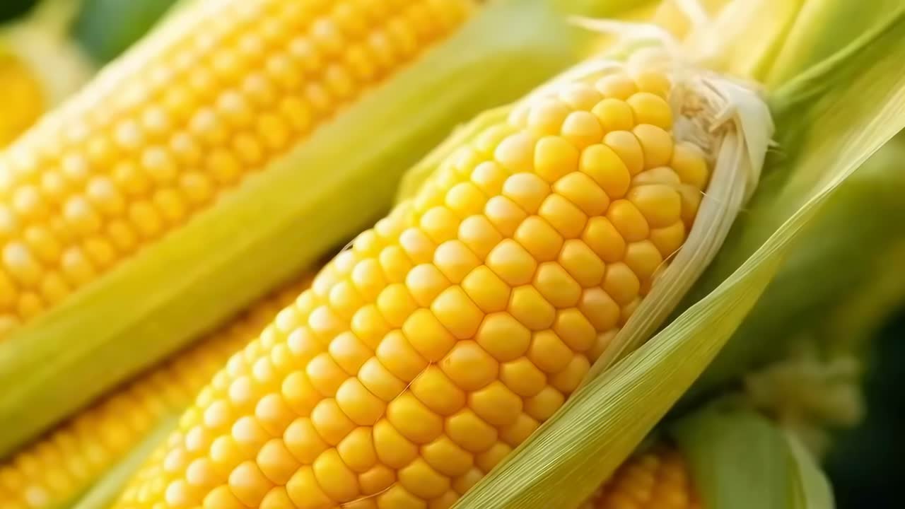 Close-up video shot of fresh corn cobs with vibrant yellow kernels and green husks