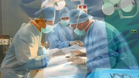 Animation-of-flag-of-belgium-waving-over-surgeons-in-operating-theatre