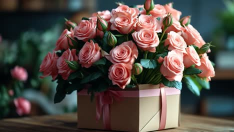 beautiful pink roses arranged in a box. a stunning arrangement of pink roses in a box sits on a table, showcasing their vibrant colors and delicate petals.