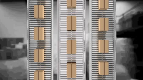 animation of cardboard boxes moving on conveyor belts over warehouse