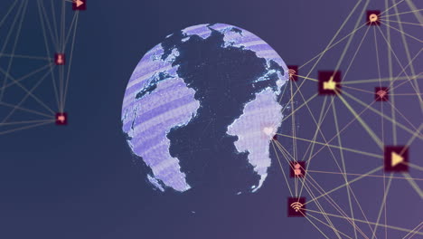 animation of network of digital icons over spinning globe against purple gradient background