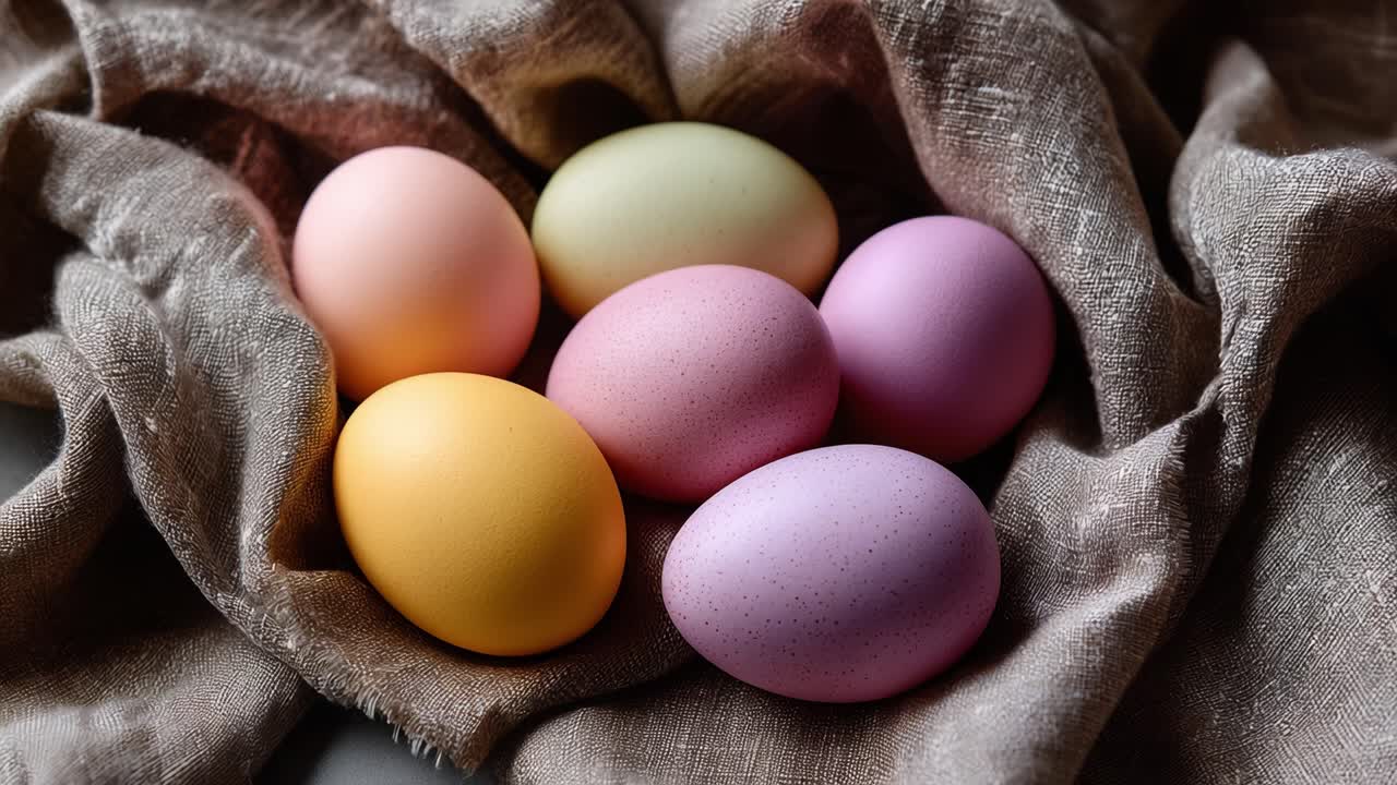 Huevos de Pascua coloridos acunados sobre un fondo de tela suave y texturizada, exhibiendo diversas tonalidades pastel y una estética cálida y acogedora para las celebraciones de temporada.