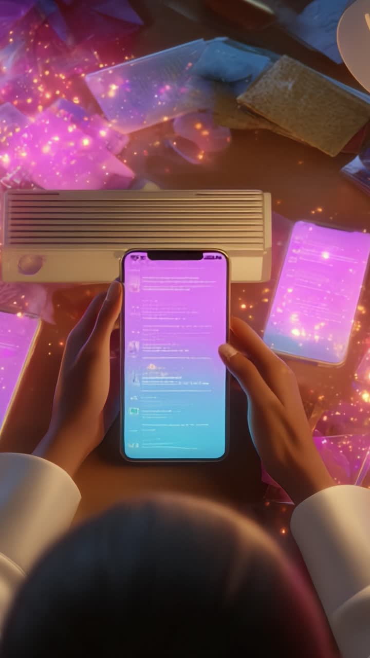 Un utente interagisce con uno smartphone vivace che mostra notifiche colorate in mezzo a una scena magica piena di elementi scintillanti e un bagliore ambientale.