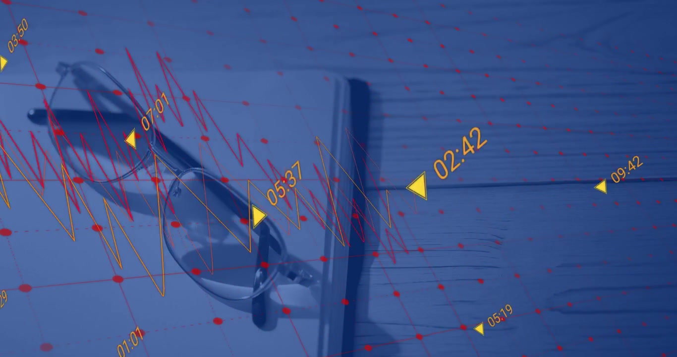 Red waveform emerging over grid with glasses on book cycling timeline shifting yellow time markers