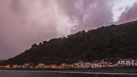 Dramatic-Cloud-Timelapse,-Sicilian-Coastal-Town,-pink,-orange,-grey-sky