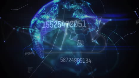 animation of data processing over network and glowing blue globe on black background
