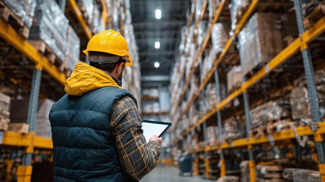 A Warehouse Worker Using a Tablet to Manage Inventory in a High-Rise Storage Facility with Wooden Pallets and Shelving Units for Efficient Organization
