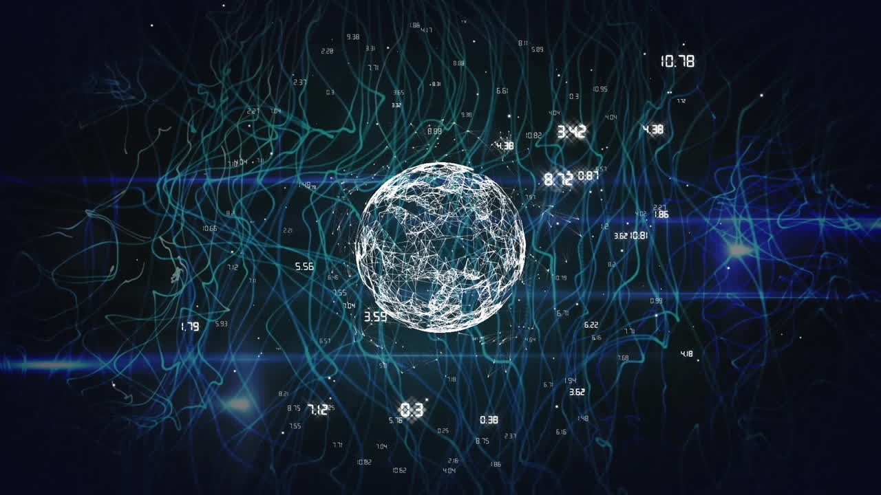 검은 바탕에 추상적인 패턴 위에 숫자와 지구의 애니메이션