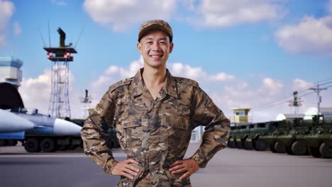 asian man soldier standing with arms akimbo looking at camera and smiling at military camp