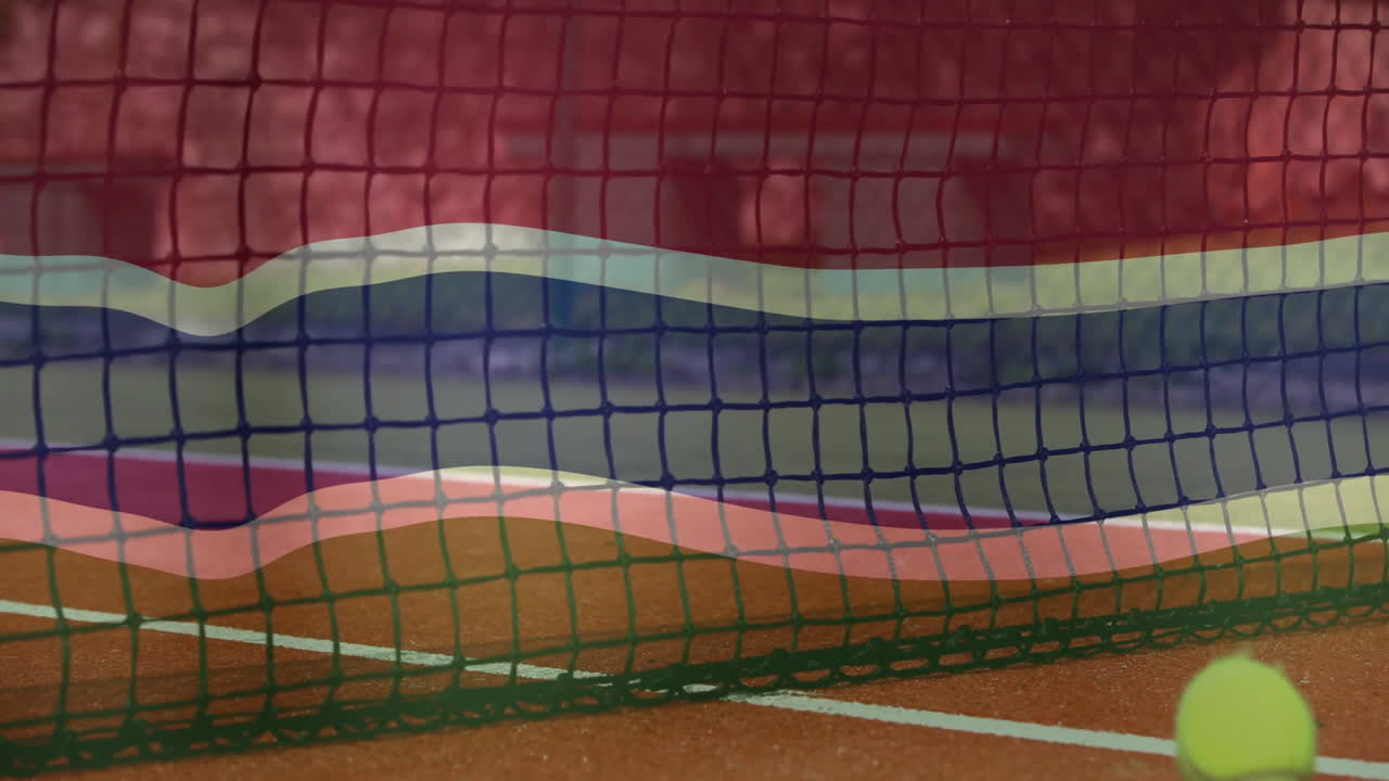 Tennis net extending across frame in 3D render, showing sagging white tape and subtle colored waves