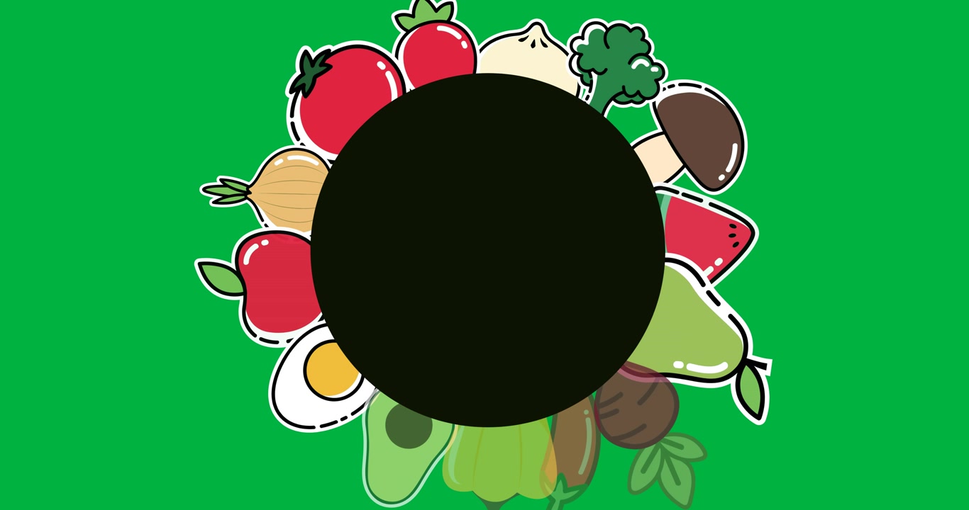 黒い背景にコピースペース付きの複数の果物と野菜のアイコン。