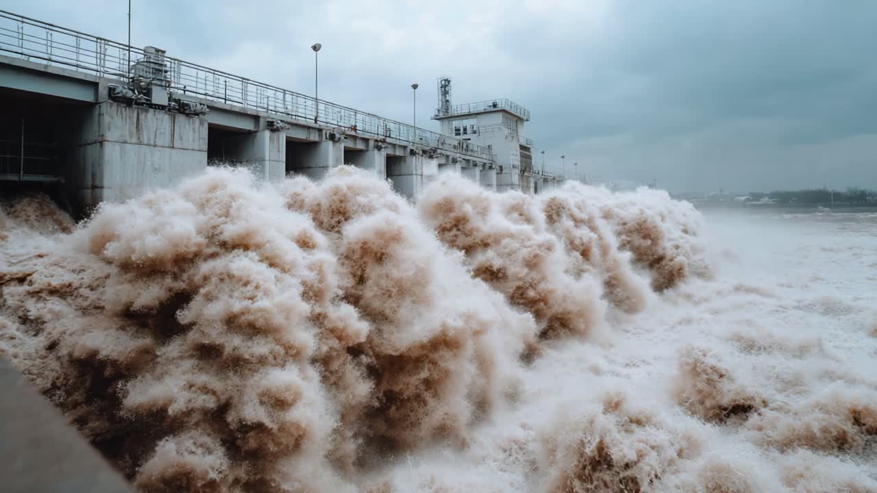 Massive Floodwaters Crash Against Dam Structure, Capturing the Raw Power of Nature and Human Engineering in a Dramatic Display of Water Overload