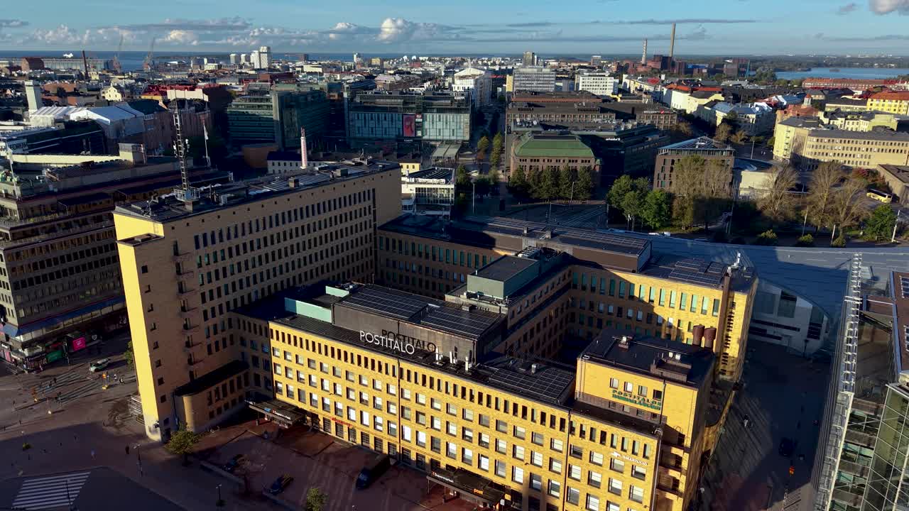 Slowly descending aerial drone view over downtown of Helsinki, Finland