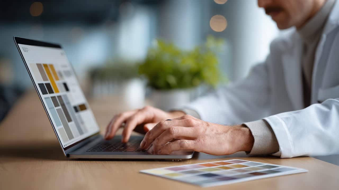 En kreativ professionel fordybet i sit arbejde: En person med fokus på digitalt design og valg af farvepalet med en bærbar computer og prøvekort i en moderne arbejdsomgivelse