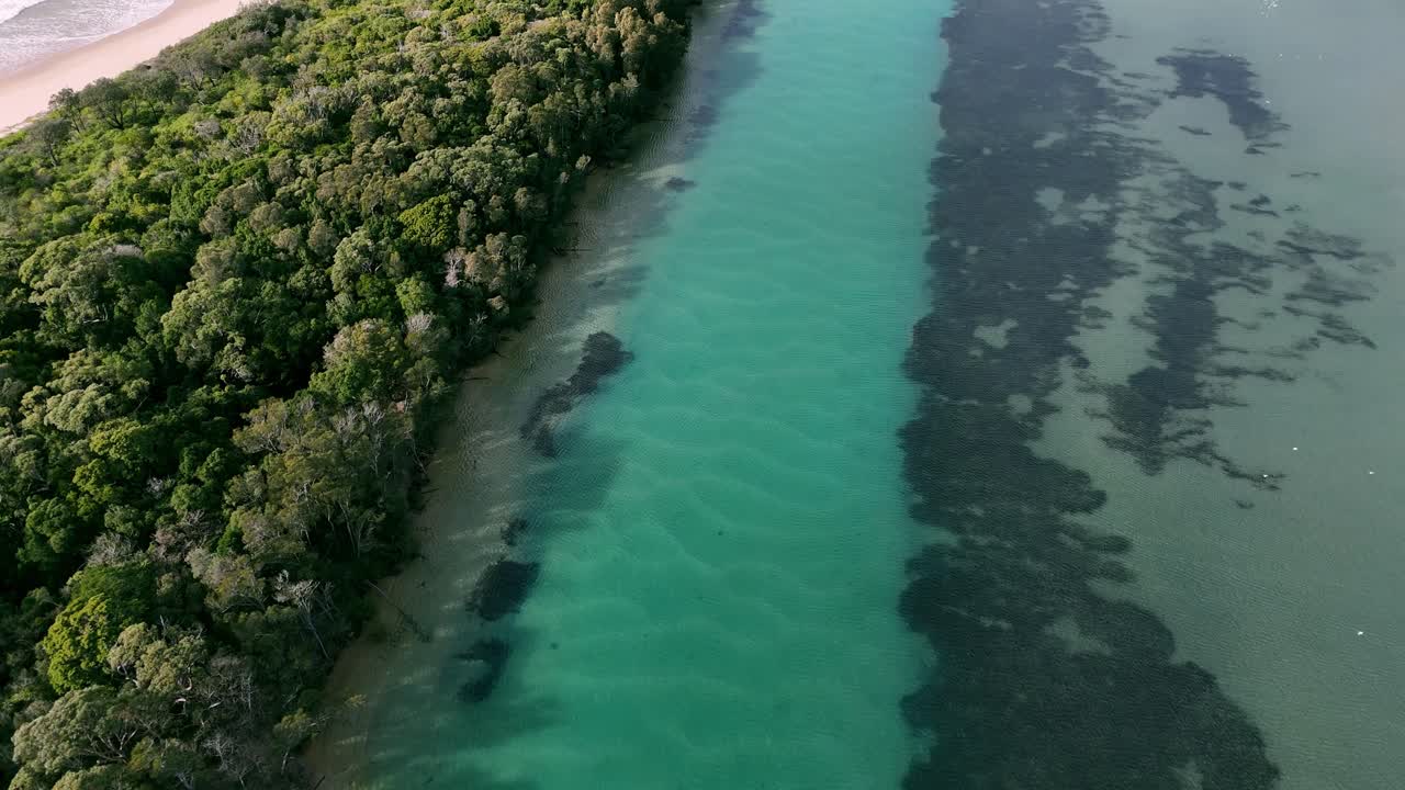 Aerial of Minnumurra River winding through coastal wetlands in New South Wales, Australia, green water channel with sand wave pattern
