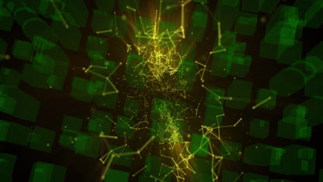 animación digital de la red amarilla de conexiones contra el icono cuadrado verde sobre fondo negro