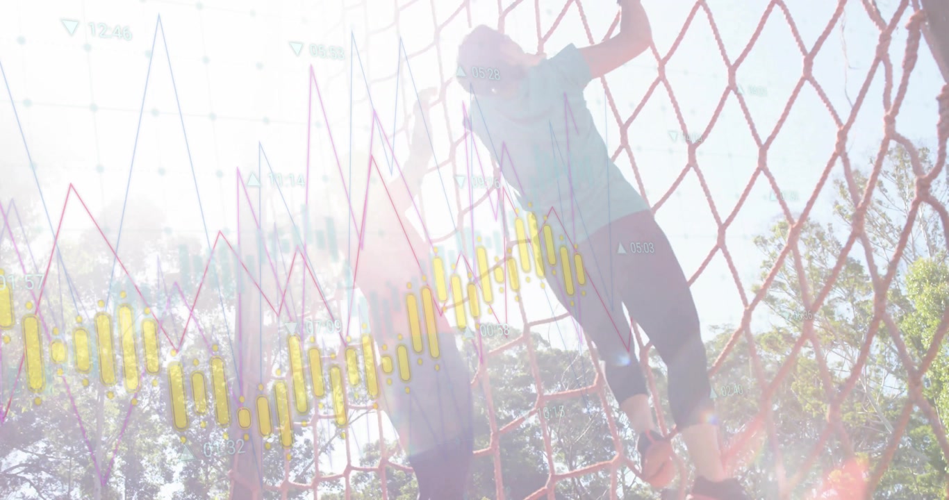 Two women grasping cargo net and climbing for fitness training with lens flare and waveform overlay