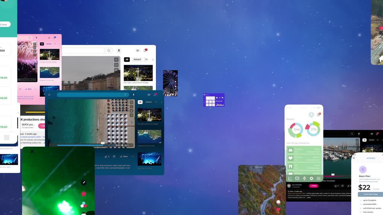 Multiscreen Background Visualization of Big Data, Reels, Viral Videos, AI Networking, and Mobile Tablet Users' Interaction