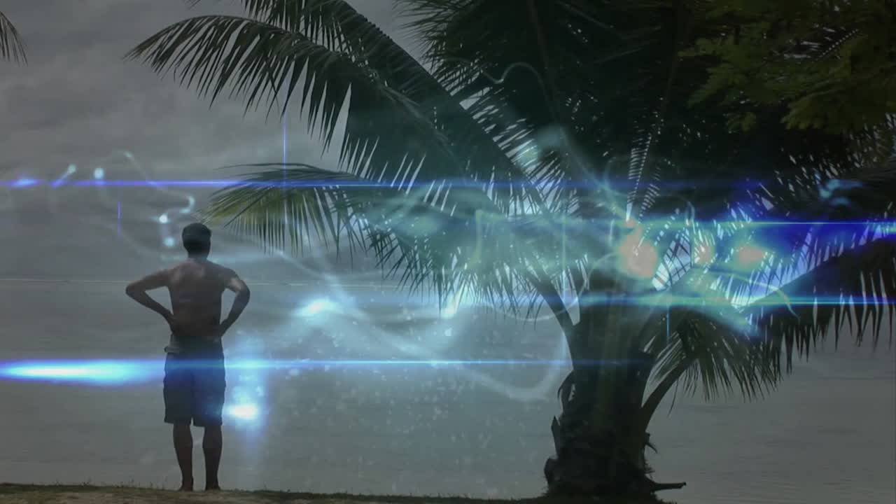 Standing by palm tree, man observing animation of abstract light patterns in sky