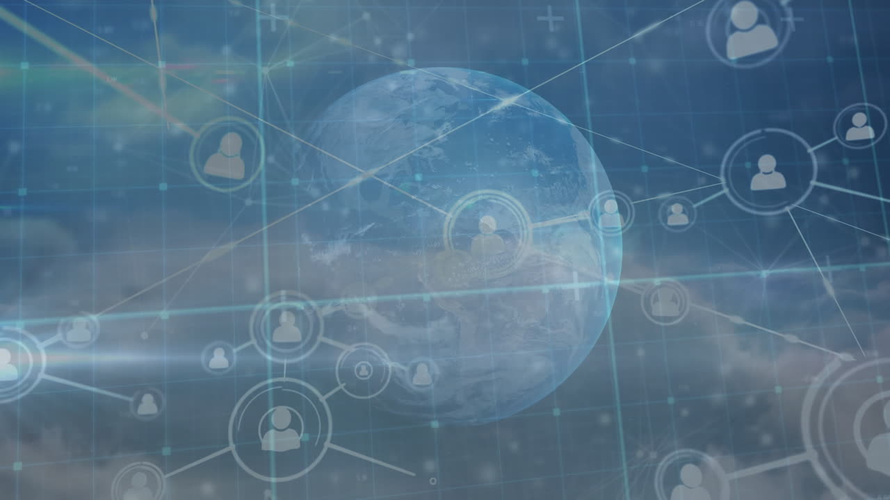 Animation of network of connections with people icons over globe