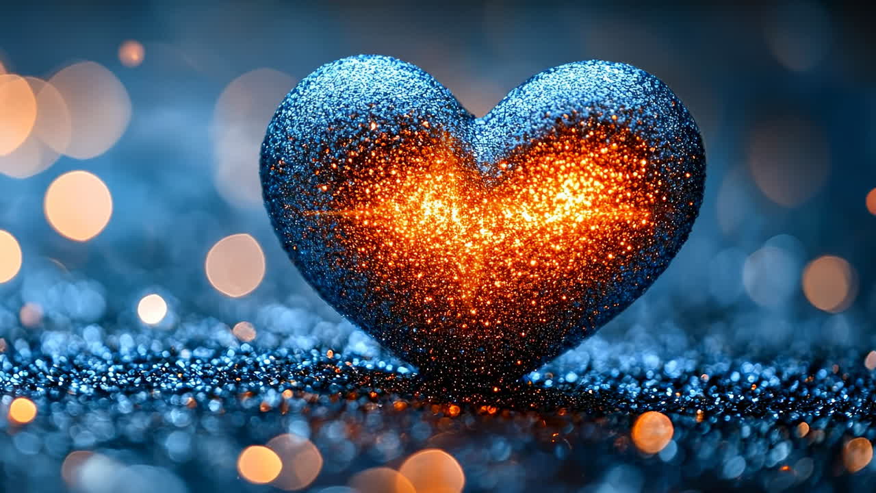 Sparkling heart shape with glowing pulse. A heart-shaped object sparkles blue, with a glowing warm pulse symbol creating a vibrant display