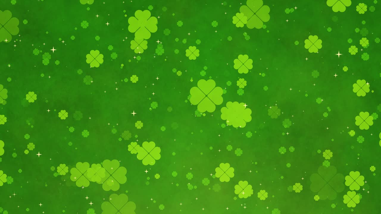 Four-leaf clovers drifting across a festive green background, St. Patrick's Day or representing luck and good fortune, loopable animation