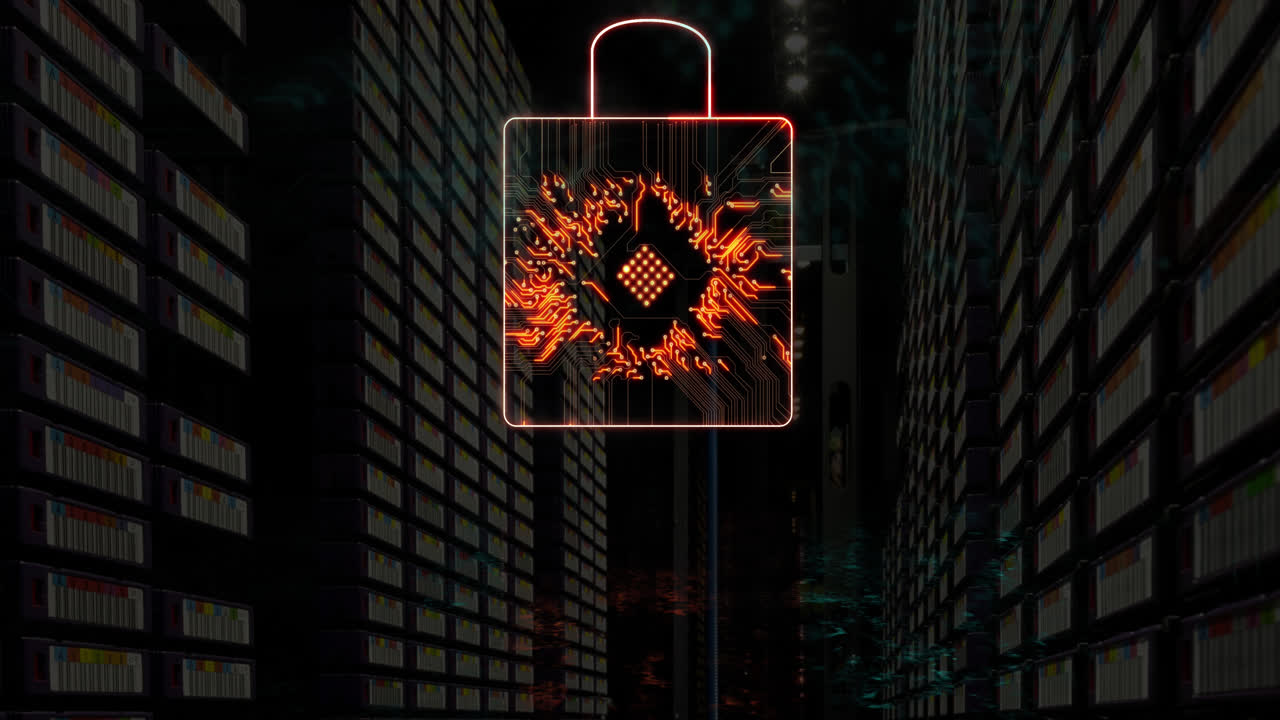 animación de bloqueo de seguridad en línea con placa de circuitos sobre servidores