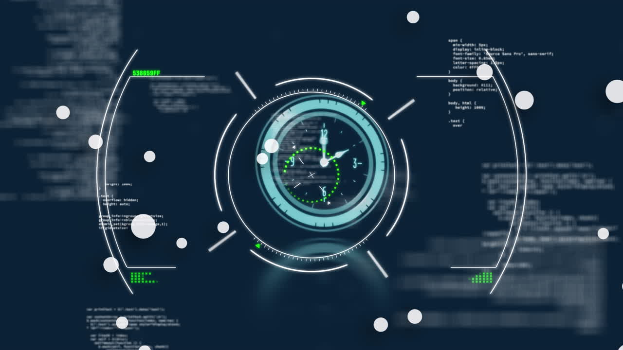 Animation of scope scanning and clock over data processing on black background