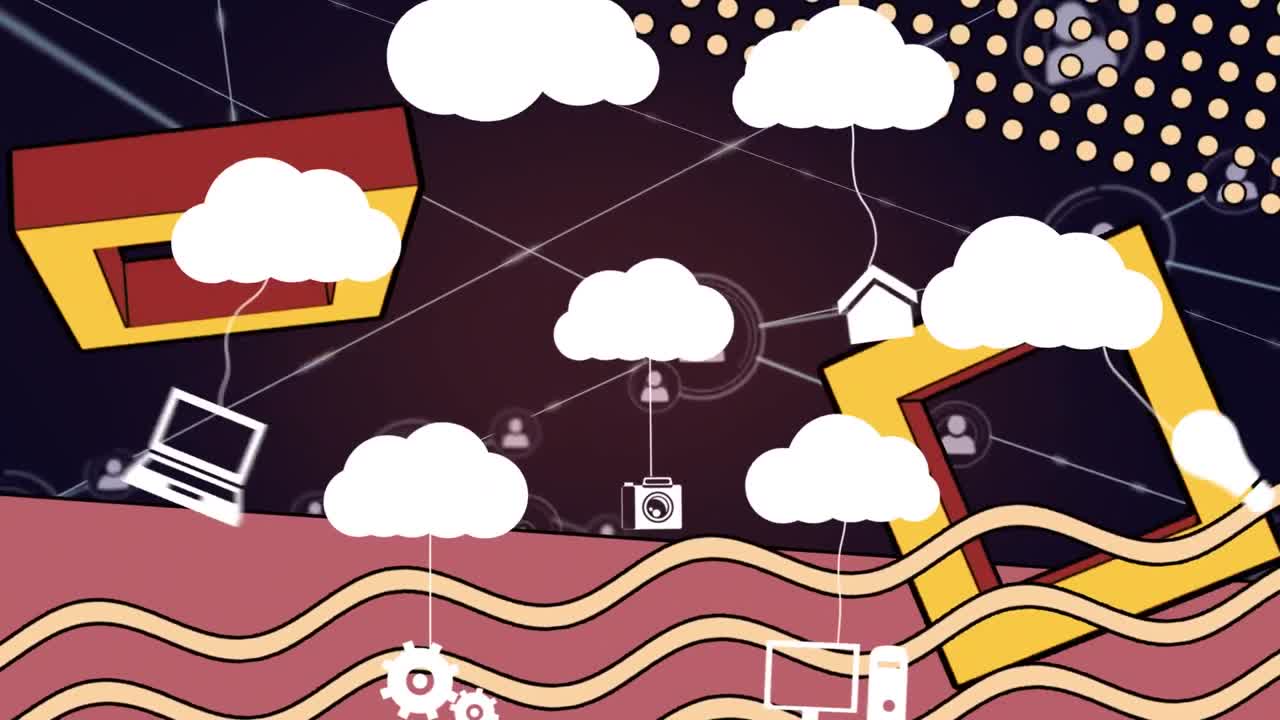 animación digital de formas abstractas y múltiples iconos de nube contra una red de iconos de perfil