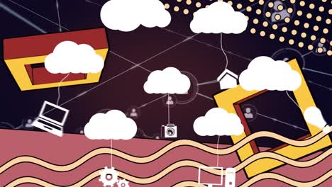 digital animation of abstract shapes and multiple cloud icons against network of profile icons