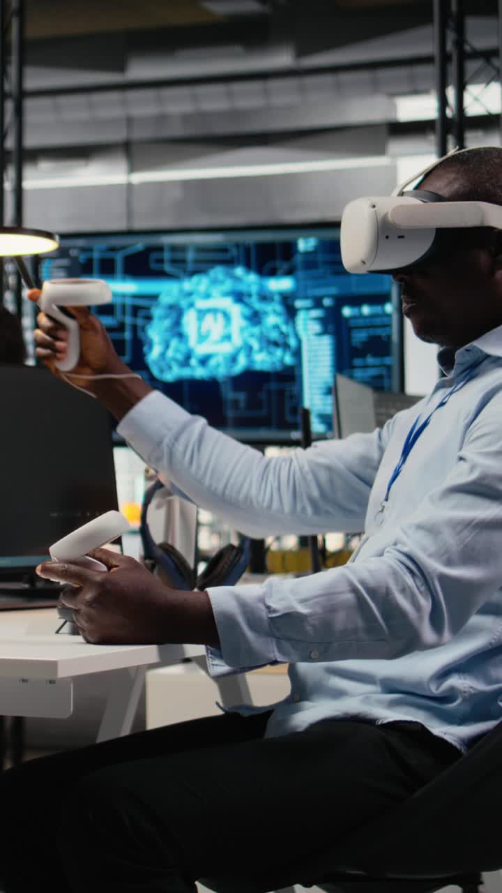 Vertical video Technician in office using VR headset equipment to accelerate AI calculations