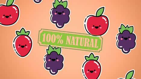 Animation-of-illustration-with-100-percent-natural-text-over-berries-and-apples-with-smiling-faces