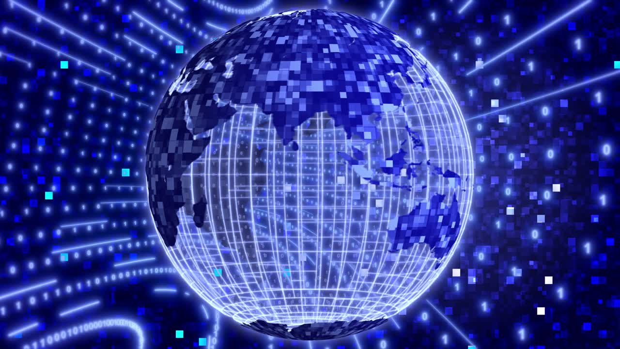 회전하는 파란 행성 지구와 함께 네온 디지털 이진 배경. 네트워크, 디지털 이벤트에 대한 원활한 루프 4k 애니메이션
